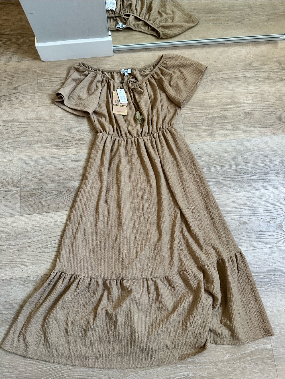 Off-Shoulder Maxi Dress in Tan with Elastic Waist